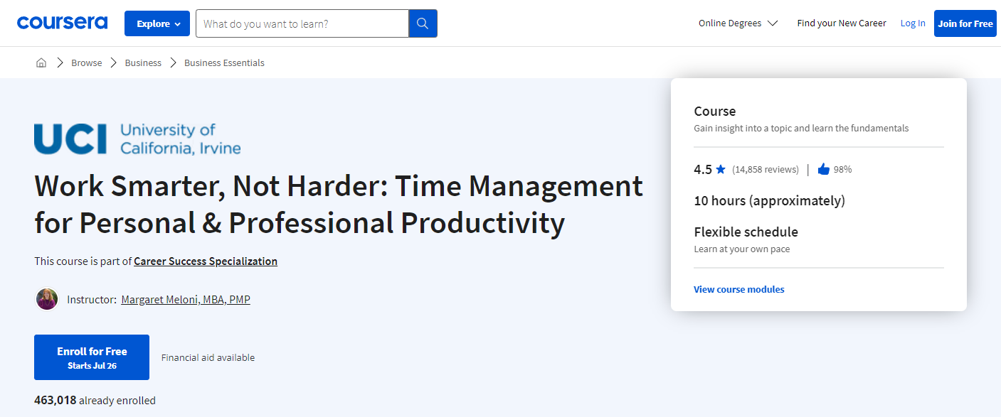 Time Management for Personal & Professional Productivity (Coursera)